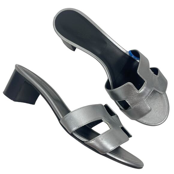 Hermes Oasis Leather Heel Sandals Signature H Silver Size 36.5 - Picture 1 of 14
